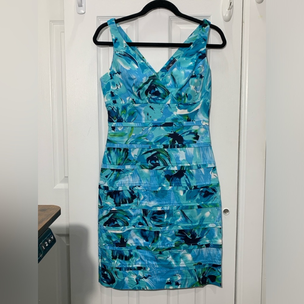 American Living floral teal cocktail dress with bra strap holder